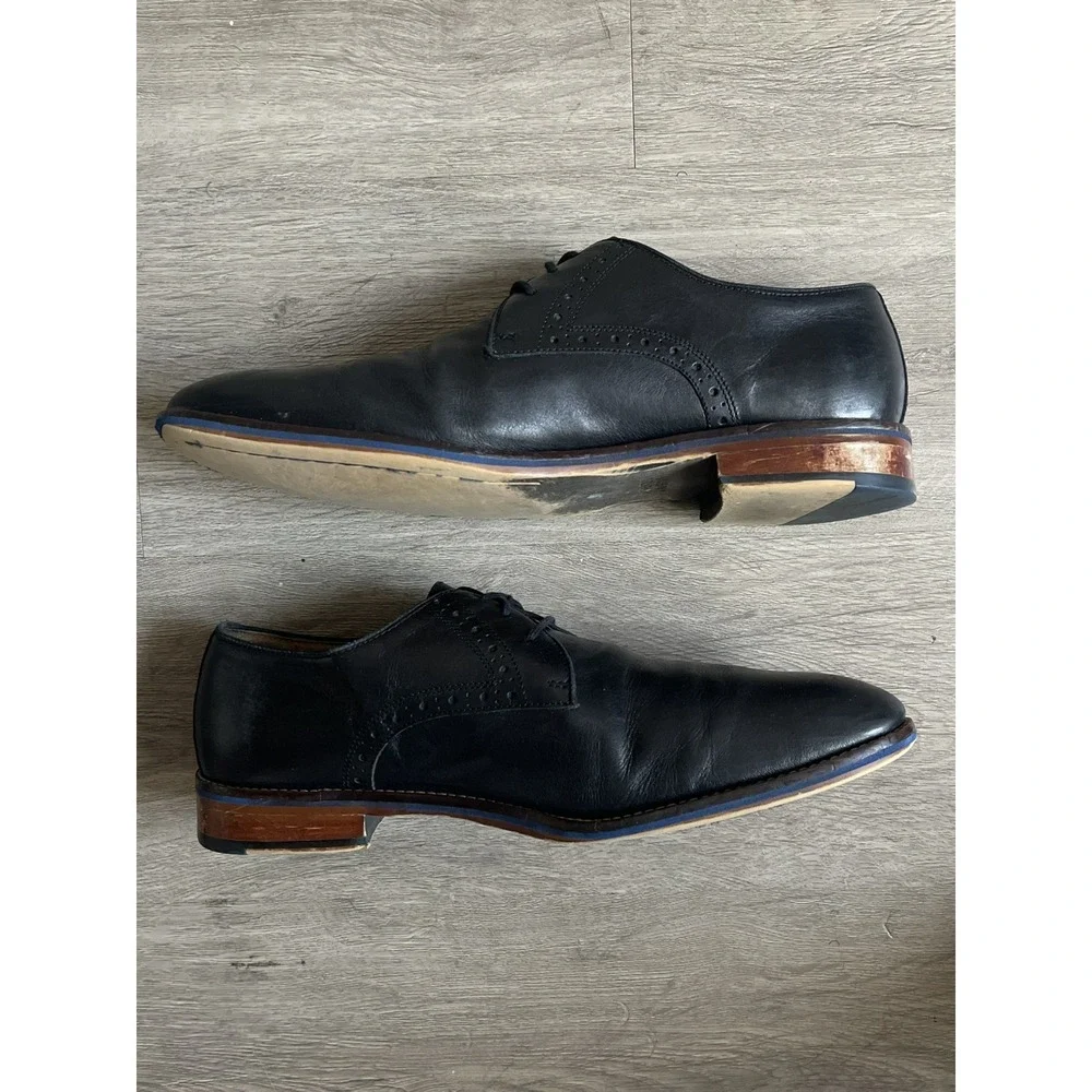 Size 11- Johnston Murphy Oxford Shoes Conrad Plain Toe Black Leather Blue Detail